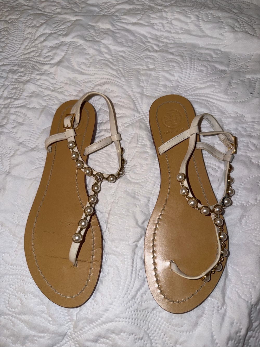 Tory Burch Ivory Pearl-Embellished T-Strap Sandals